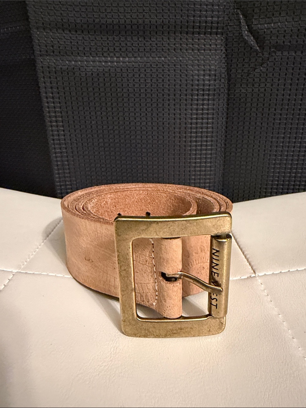 Nine West Natural Tan Leather Belt with Paisley Design and Brass-Tone Buckle XL